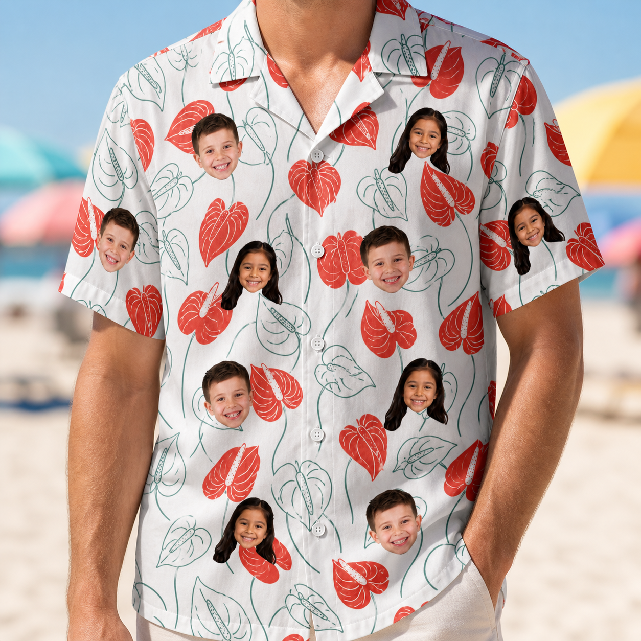Model wearing Men's Heartleaf Heat Custom Face Hawaiian Shirt printed with kids' faces