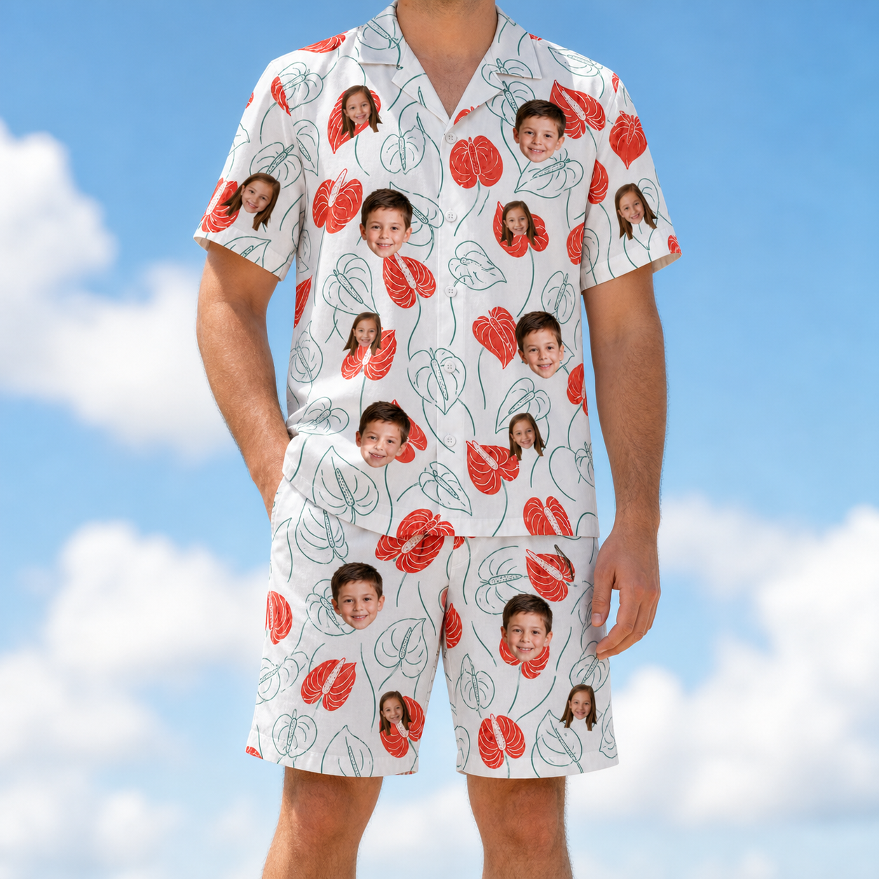 Model wearing Men's Heartleaf Heat Custom Face Shirt & Shorts Set printed with kids' faces