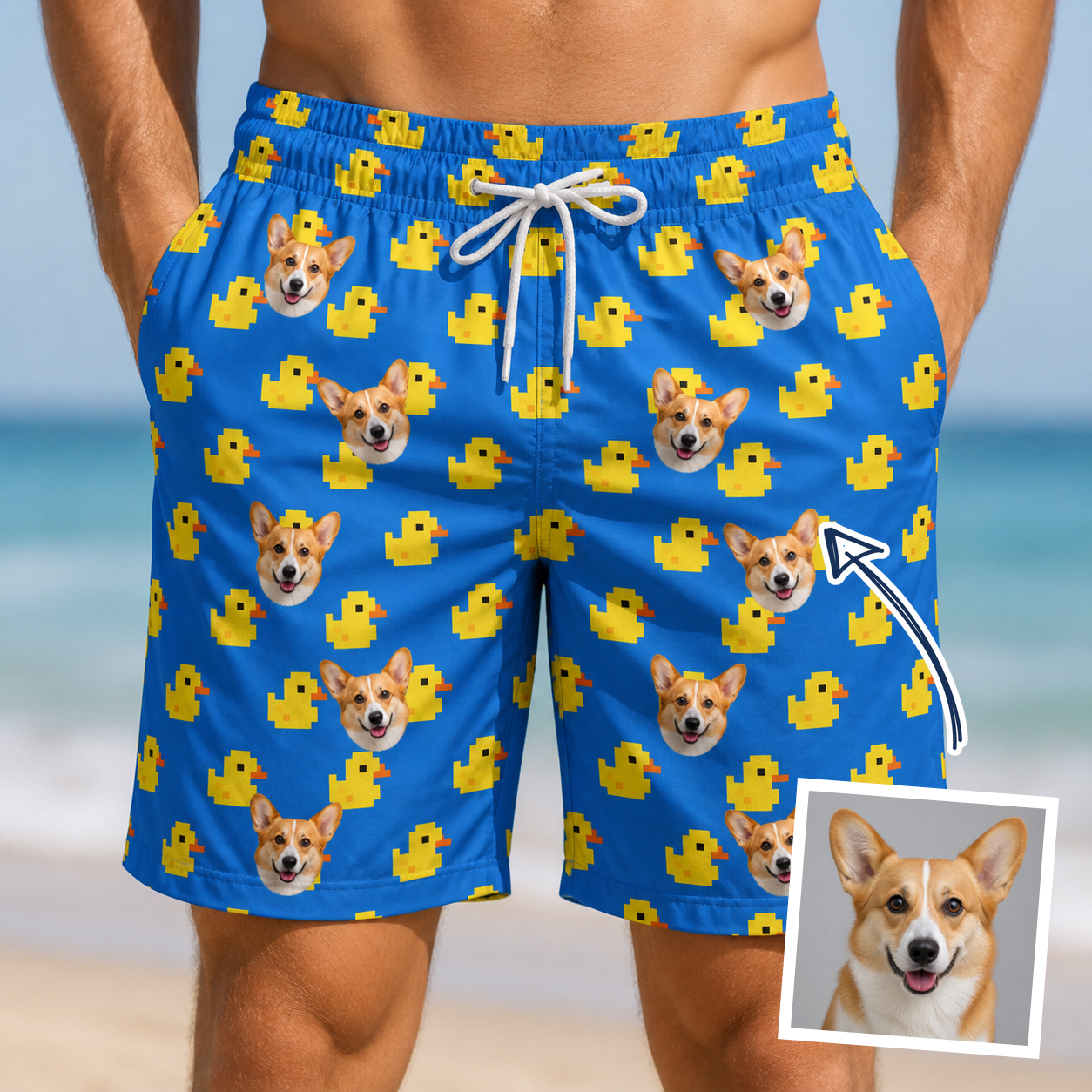 Man wearing Men's Bark Bath Custom Dog Face Beach Shorts — custom faces printed all-over