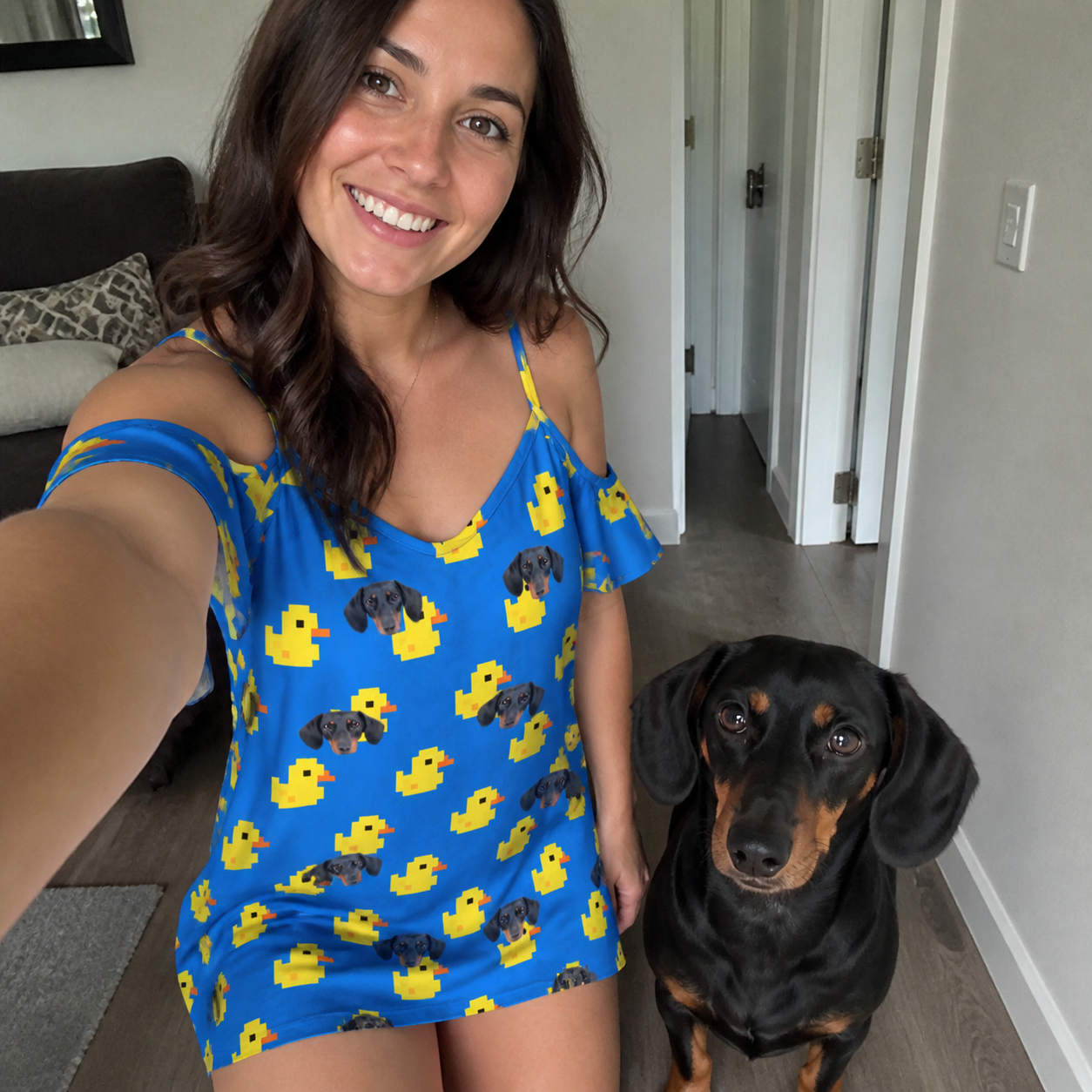 Selfie with the pet whose face is printed all over this Women's Bark Bath Custom Dog Face Off-Shoulder Dress