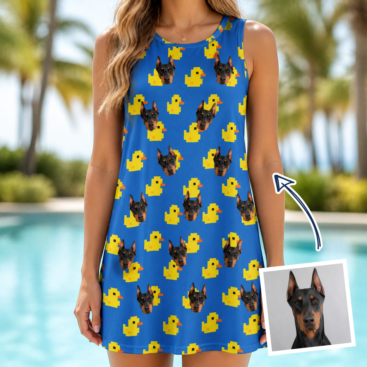 Woman wearing Women's Bark Bath Custom Dog Face Tank Dress — custom faces printed all-over