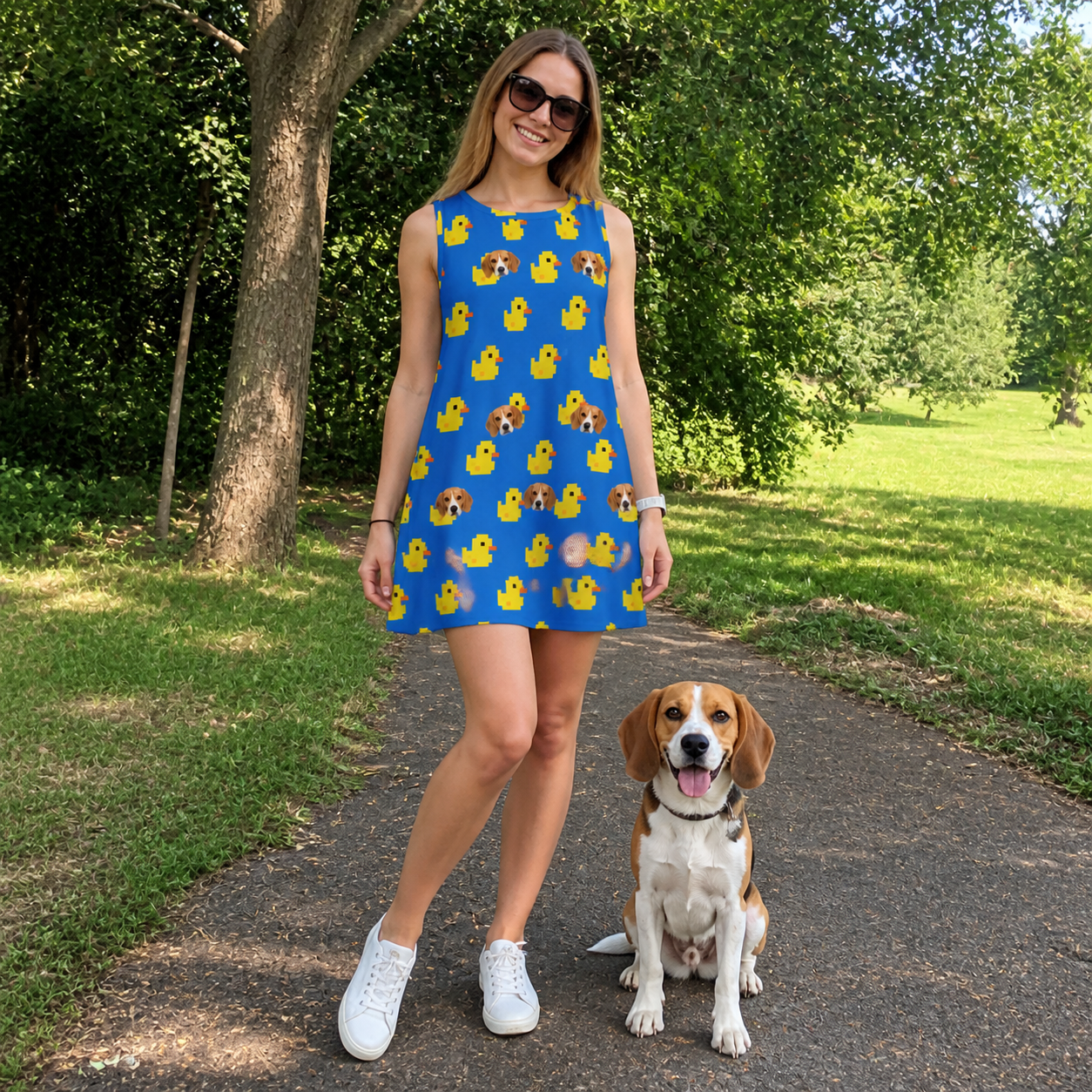 Full-length photo with the pet printed all over this Women's Bark Bath Custom Dog Face Tank Dress