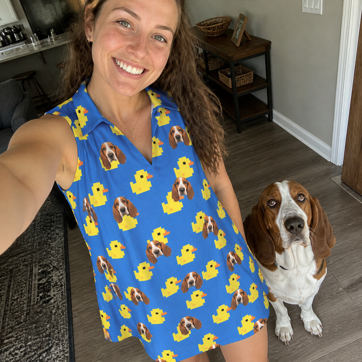 Selfie with the pet whose face is printed all over this Women's Bark Bath Custom Dog Face V-Neck Dress