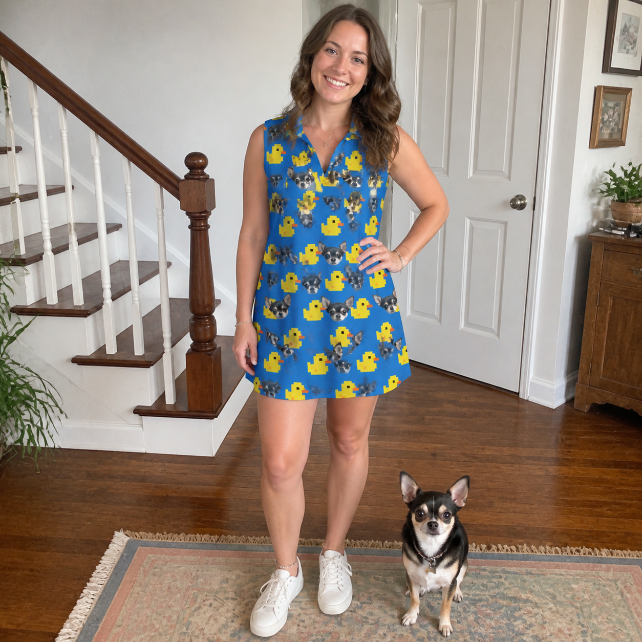 Full-length photo with the pet printed all over this Women's Bark Bath Custom Dog Face V-Neck Dress