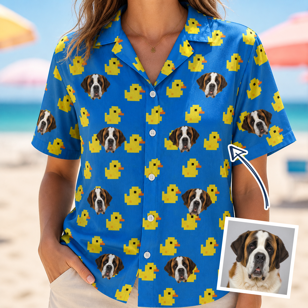 Woman wearing Women's Bark Bath Custom Dog Face Hawaiian Shirt — custom faces printed all-over