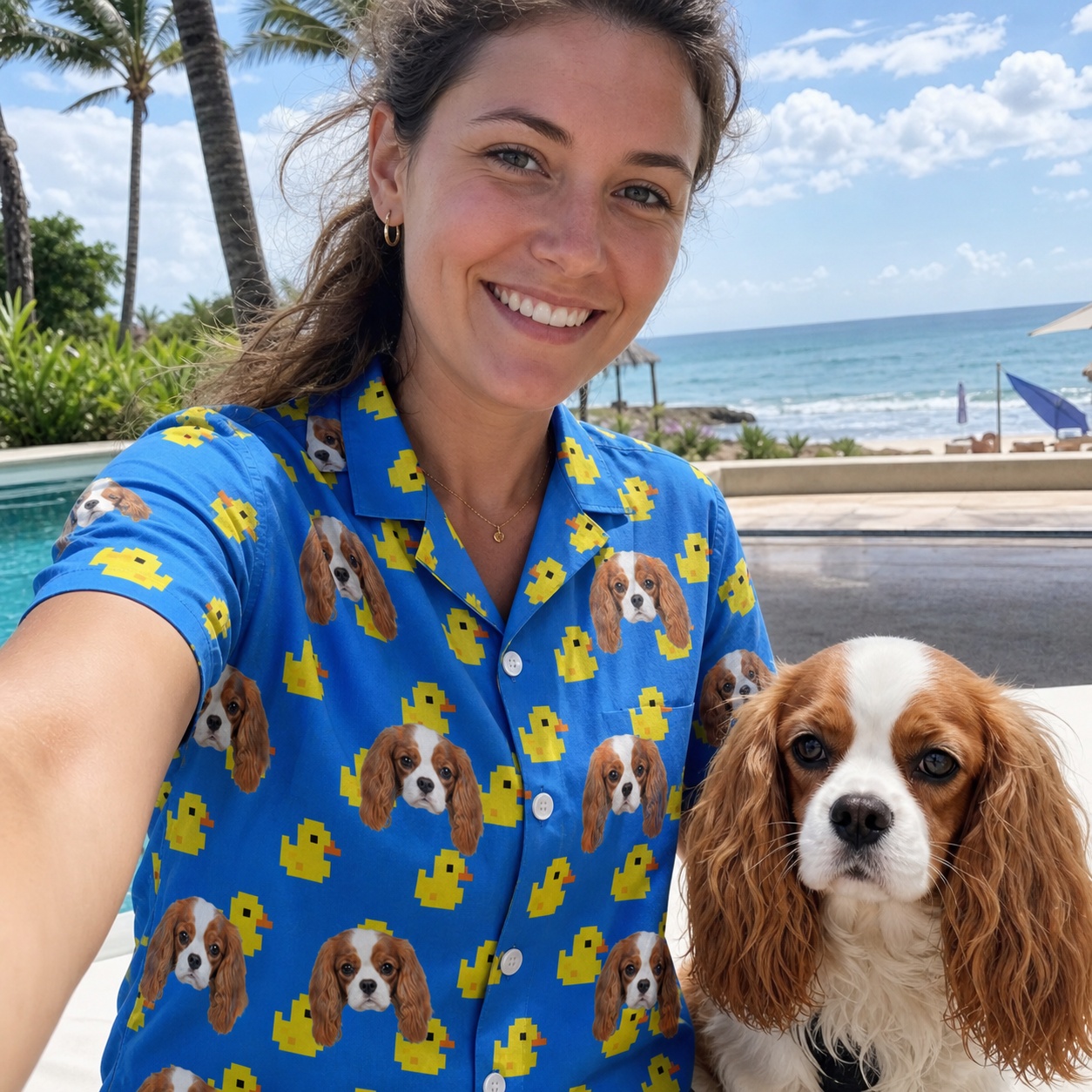 Selfie with the pet whose face is printed all over this Women's Bark Bath Custom Dog Face Hawaiian Shirt