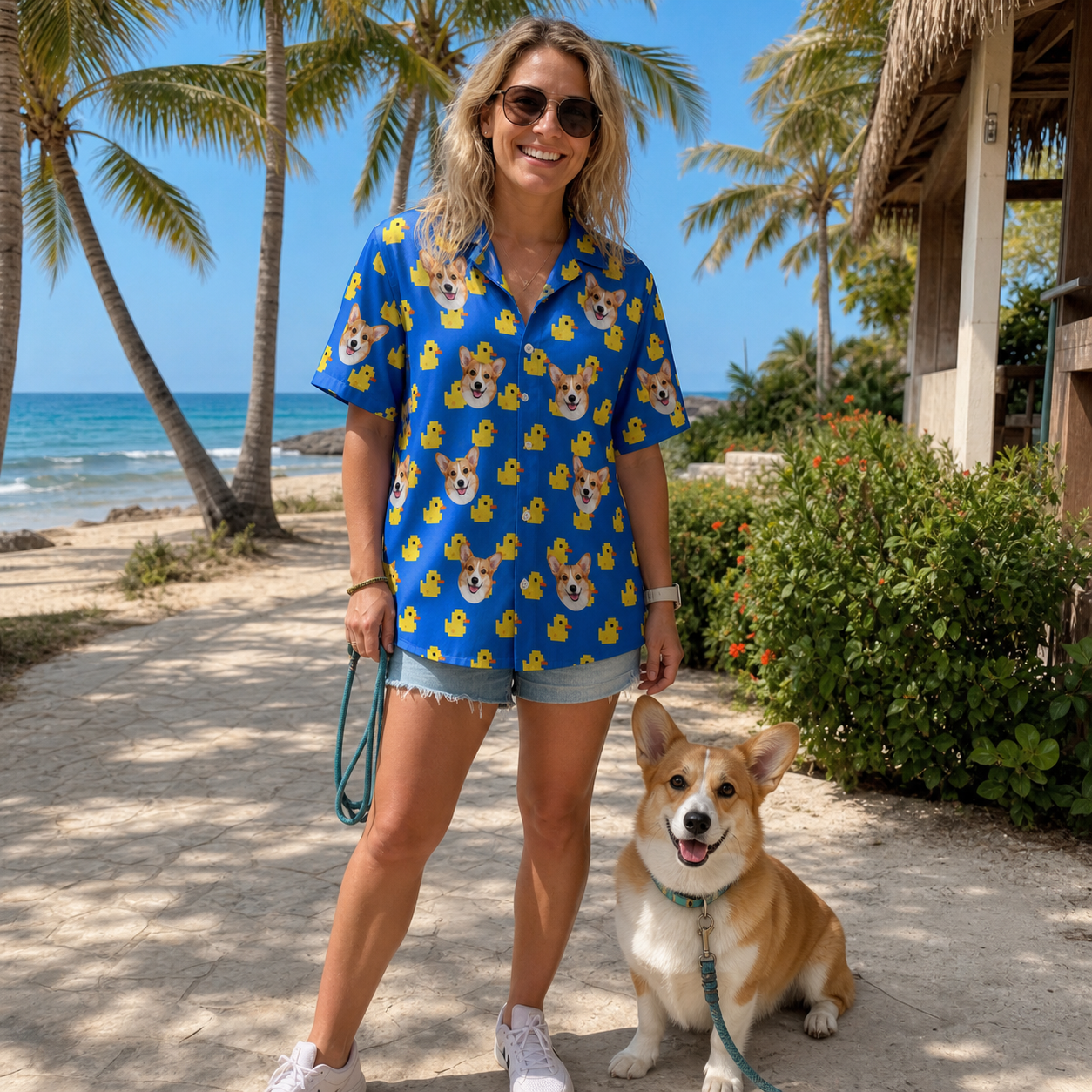 Full-length photo with the pet printed all over this Women's Bark Bath Custom Dog Face Hawaiian Shirt