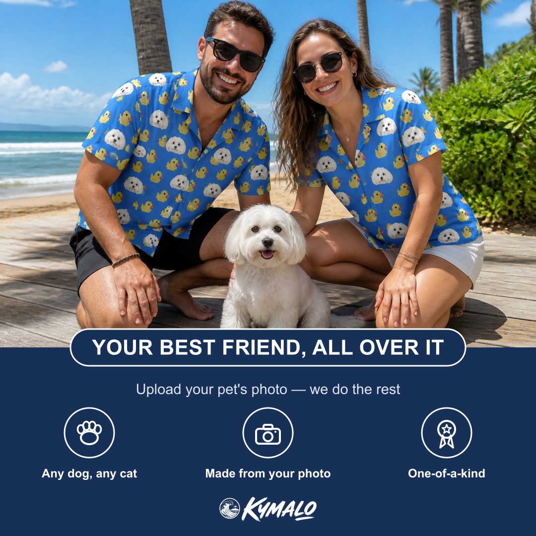 Friends in matching Women's Bark Bath Custom Dog Face Hawaiian Shirt — a group gift photo