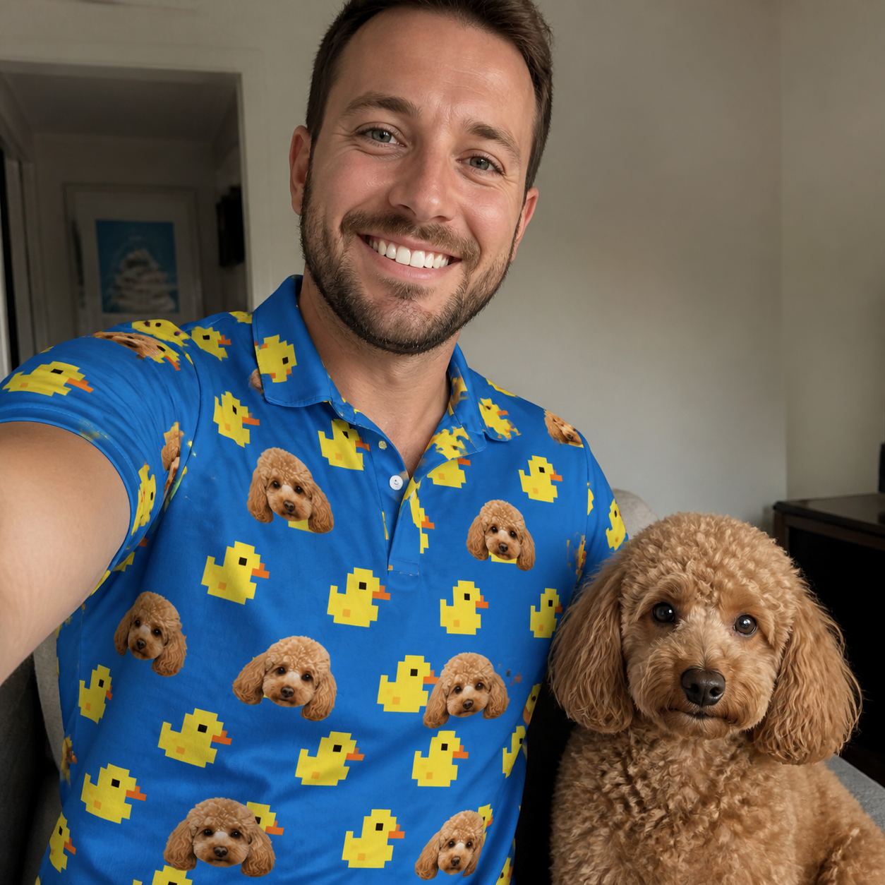 Selfie with the pet whose face is printed all over this Men's Bark Bath Custom Dog Face Polo Shirt