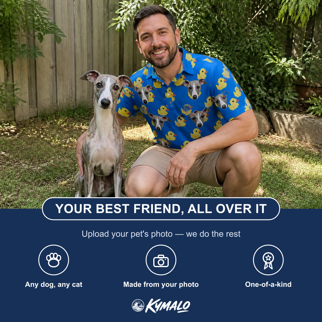 Friends in matching Men's Bark Bath Custom Dog Face Polo Shirt — a group gift photo