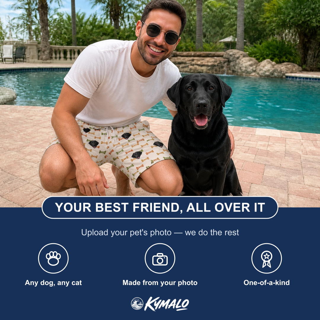 Friends in matching Men's Snout Sweets Custom Dog Face Beach Shorts — a group gift photo