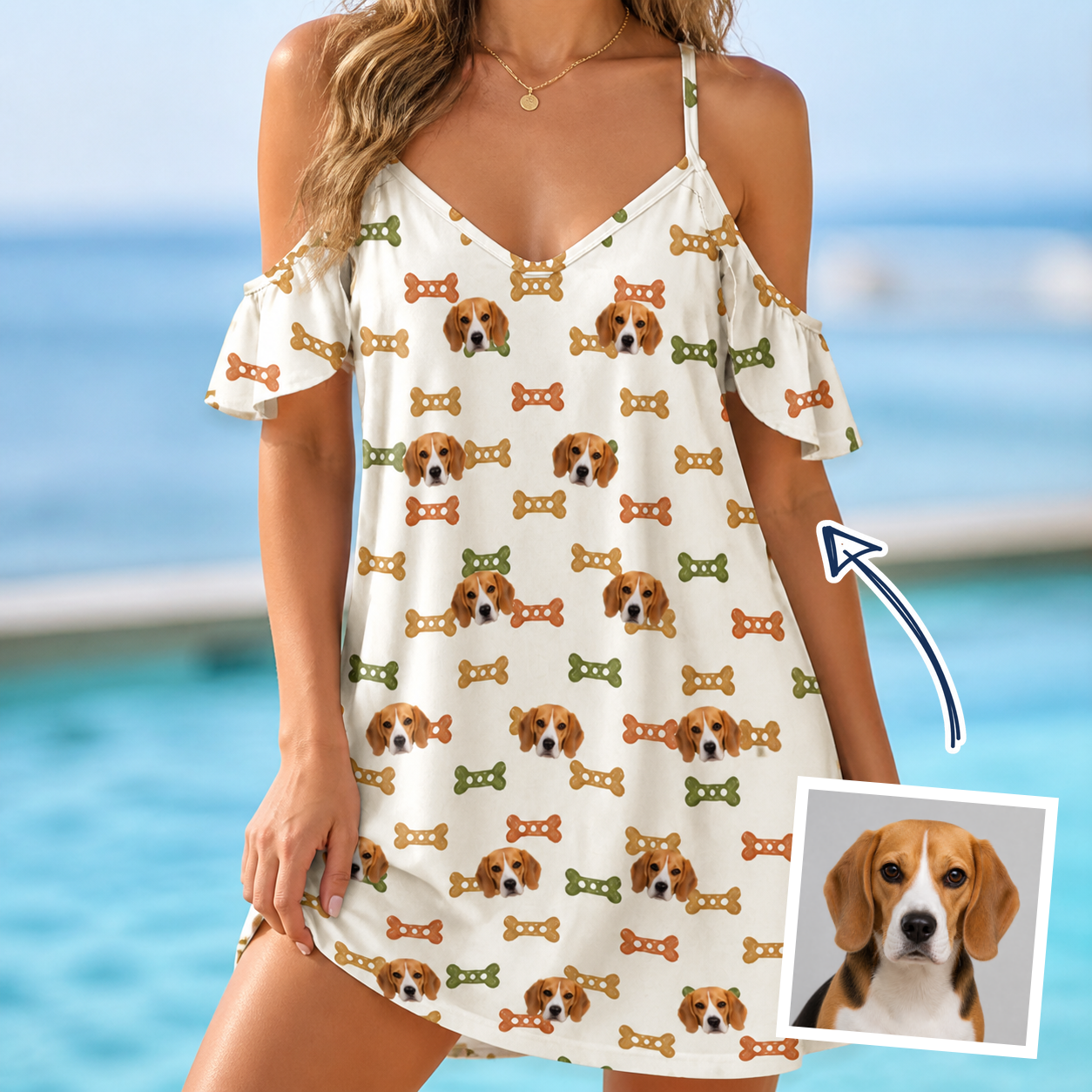 Woman wearing Women's Snout Sweets Custom Dog Face Off-Shoulder Dress — custom faces printed all-over