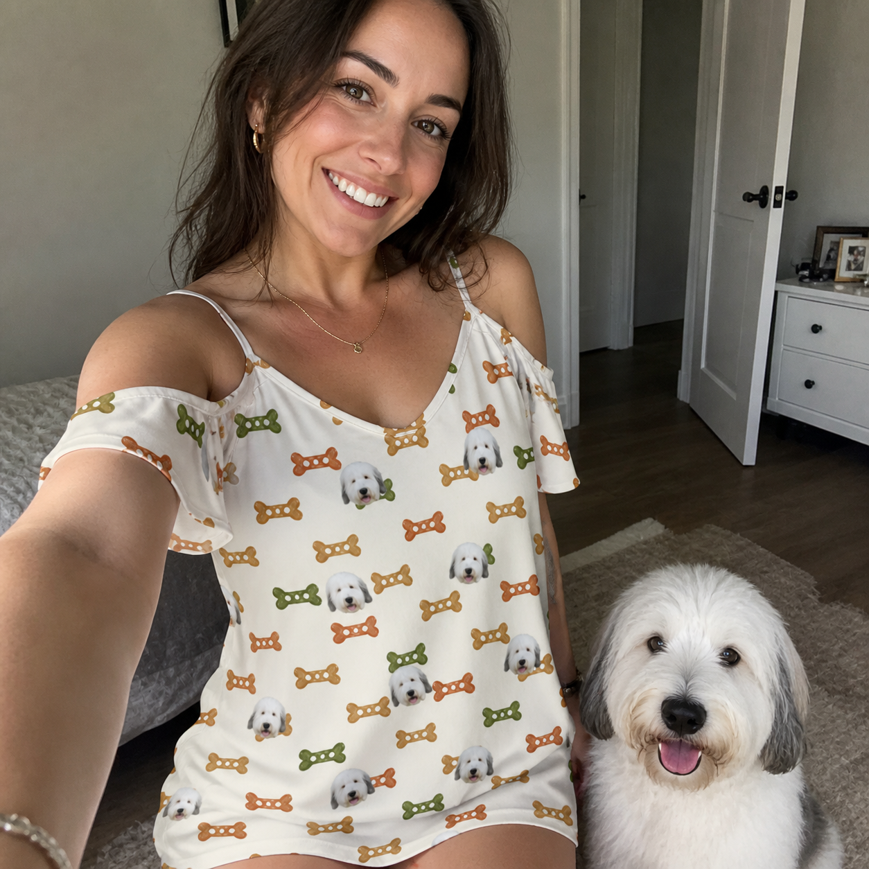 Selfie with the pet whose face is printed all over this Women's Snout Sweets Custom Dog Face Off-Shoulder Dress