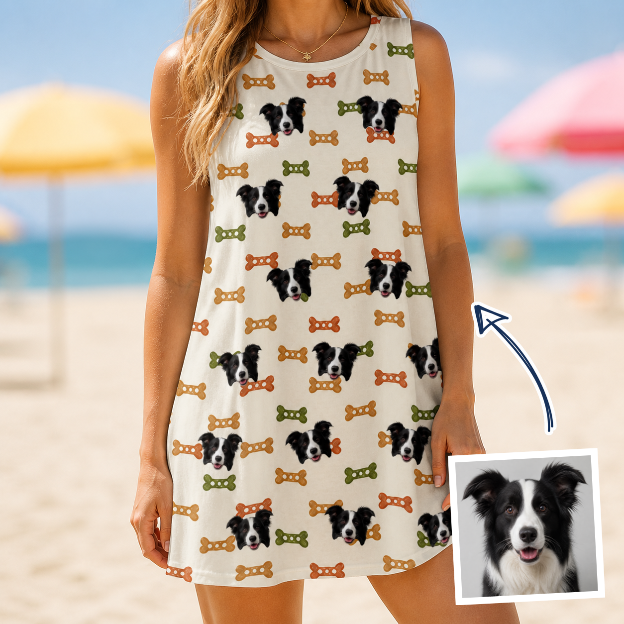 Woman wearing Women's Snout Sweets Custom Dog Face Tank Dress — custom faces printed all-over