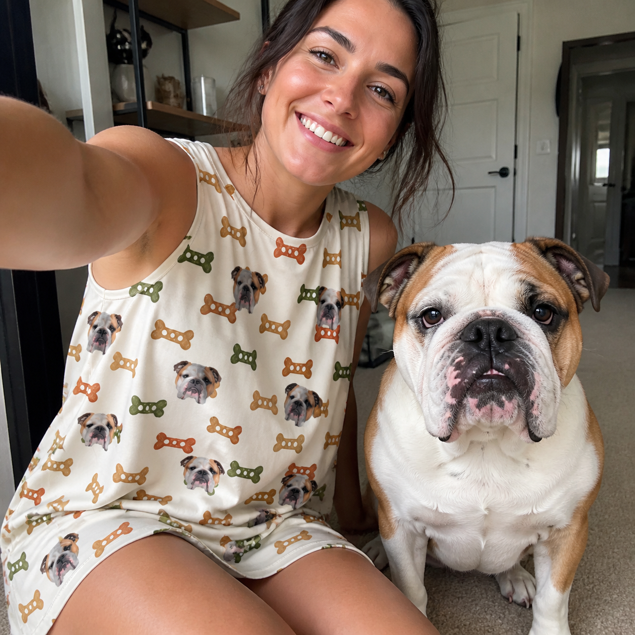 Selfie with the pet whose face is printed all over this Women's Snout Sweets Custom Dog Face Tank Dress