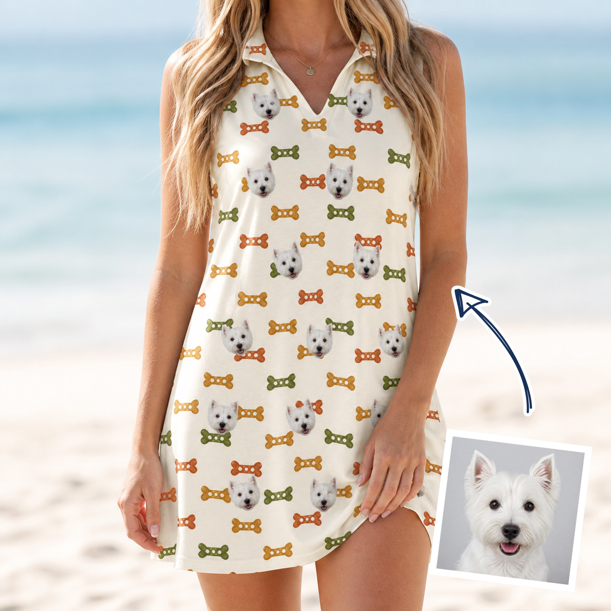 Woman wearing Women's Snout Sweets Custom Dog Face V-Neck Dress — custom faces printed all-over