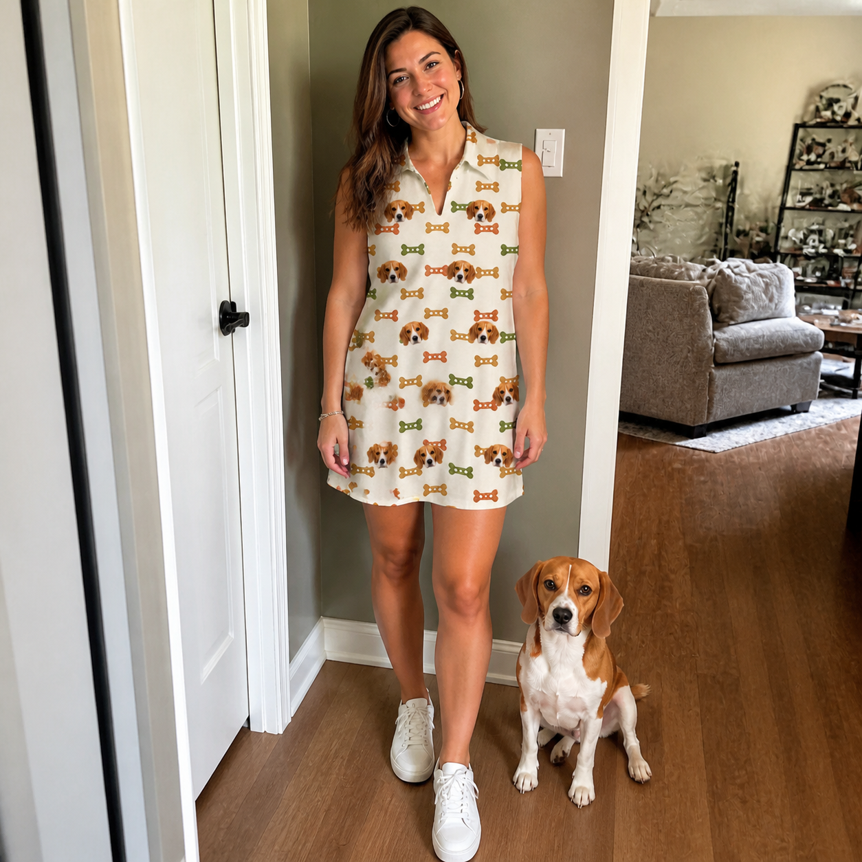 Full-length photo with the pet printed all over this Women's Snout Sweets Custom Dog Face V-Neck Dress