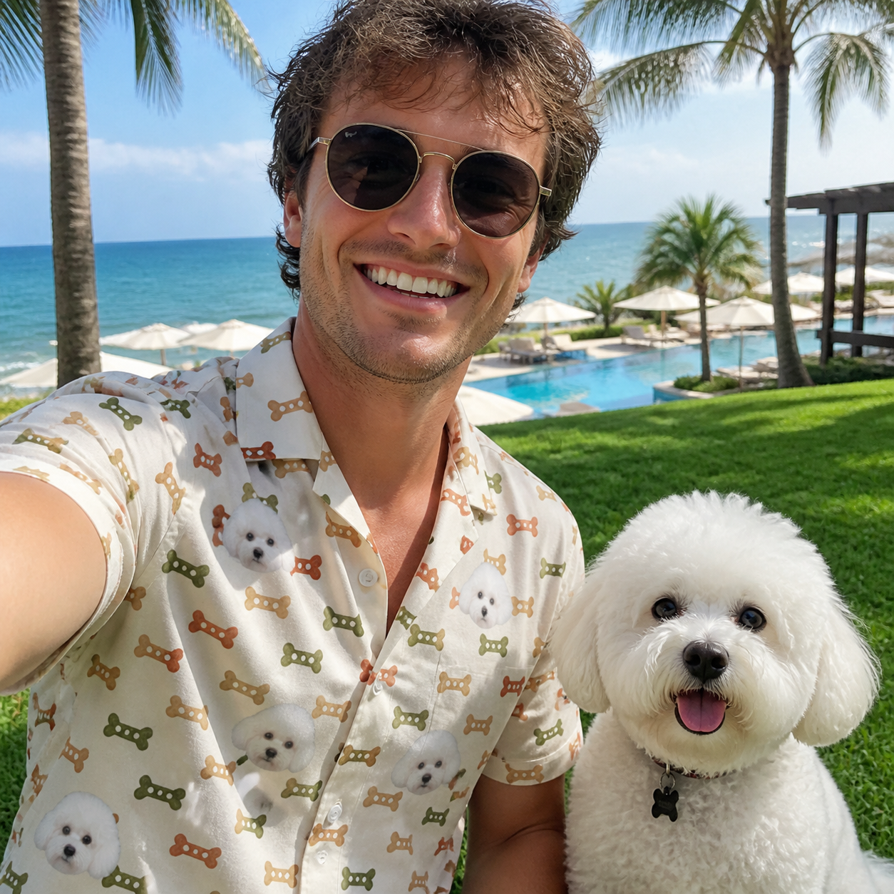 Selfie with the pet whose face is printed all over this Men's Snout Sweets Custom Dog Face Hawaiian Shirt