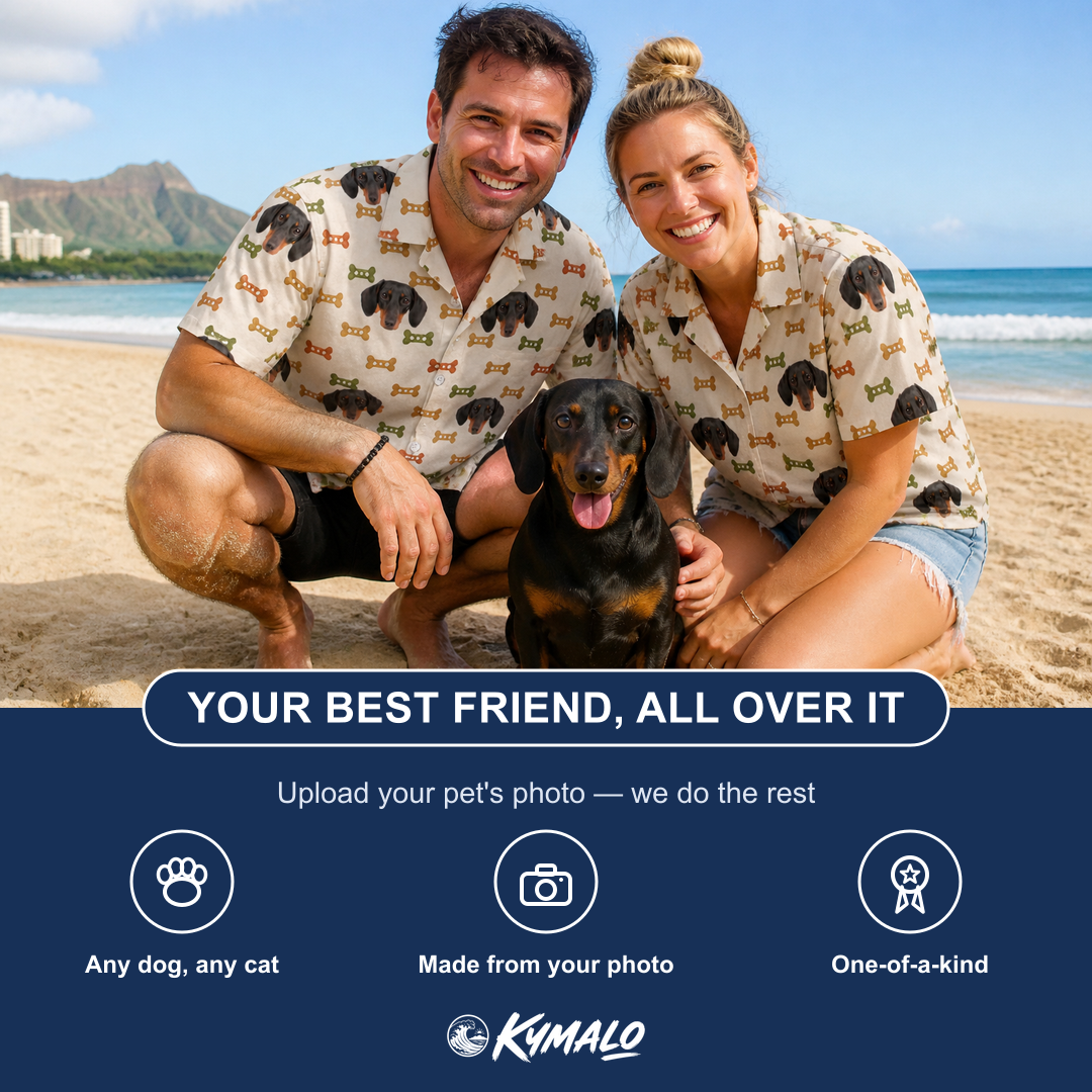 Friends in matching Men's Snout Sweets Custom Dog Face Hawaiian Shirt — a group gift photo