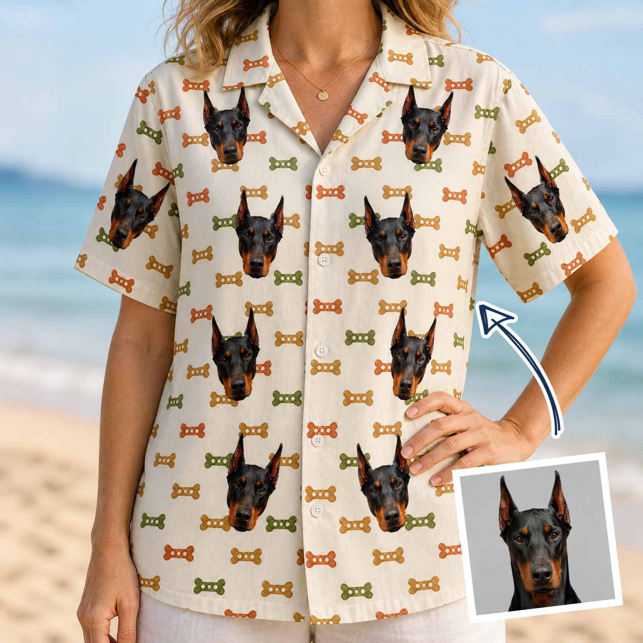 Woman wearing Women's Snout Sweets Custom Dog Face Hawaiian Shirt — custom faces printed all-over