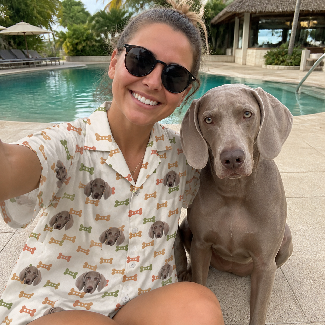 Selfie with the pet whose face is printed all over this Women's Snout Sweets Custom Dog Face Hawaiian Shirt