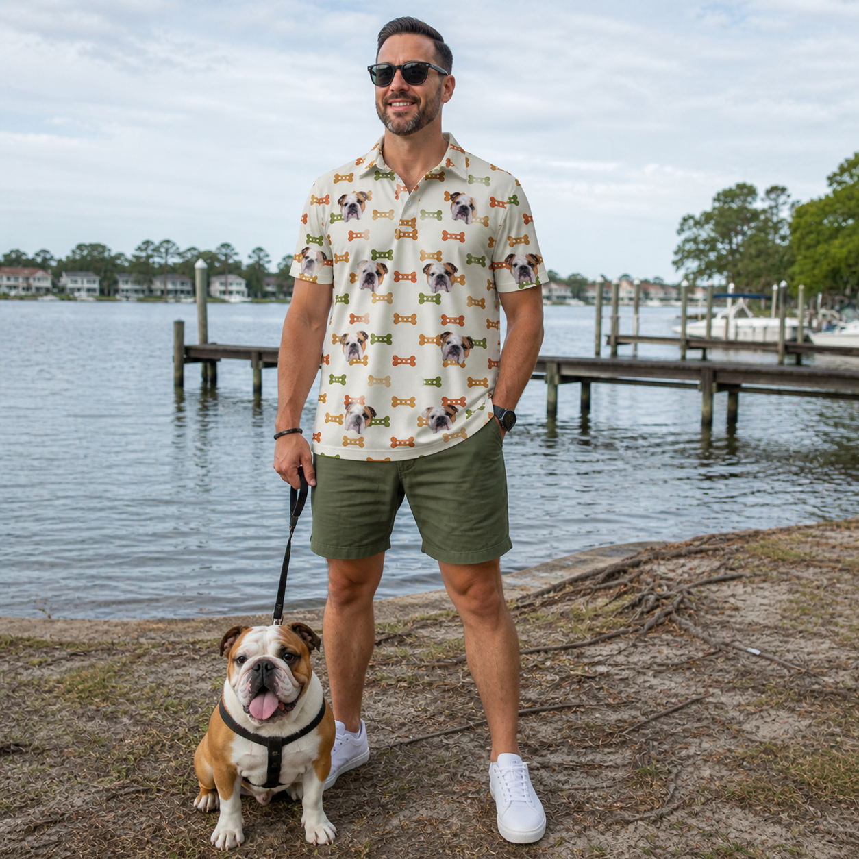 Full-length photo with the pet printed all over this Men's Snout Sweets Custom Dog Face Polo Shirt