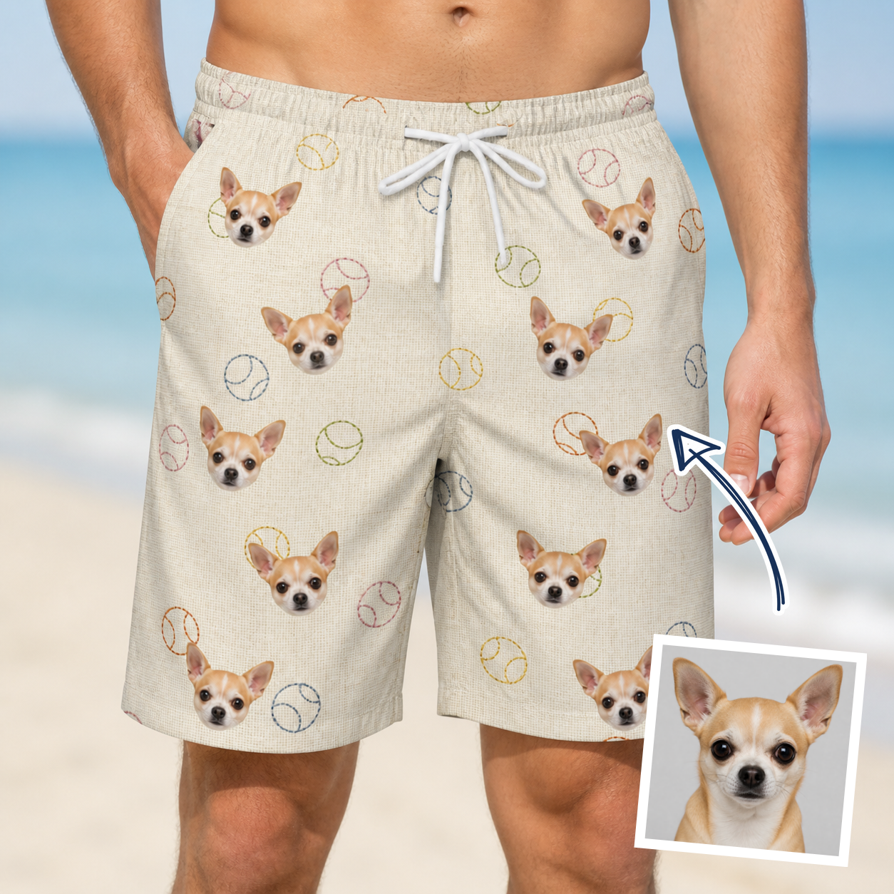 Man wearing Men's Rally Retrievers Custom Dog Face Beach Shorts — custom faces printed all-over