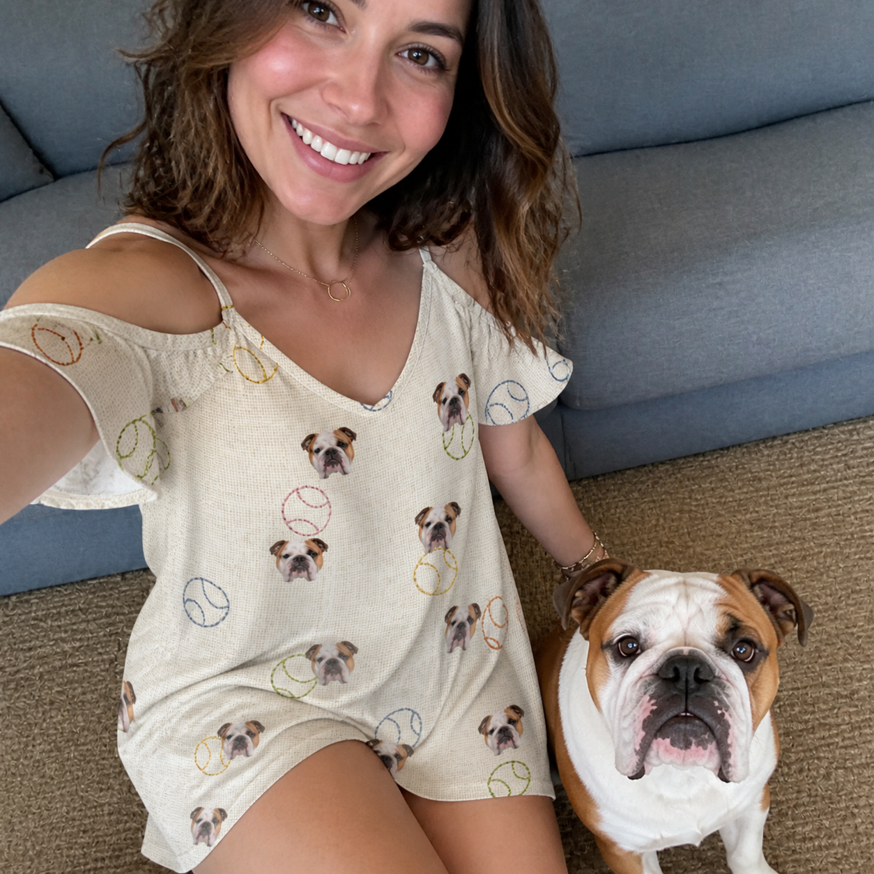 Selfie with the pet whose face is printed all over this Women's Rally Retrievers Custom Dog Face Off-Shoulder Dress