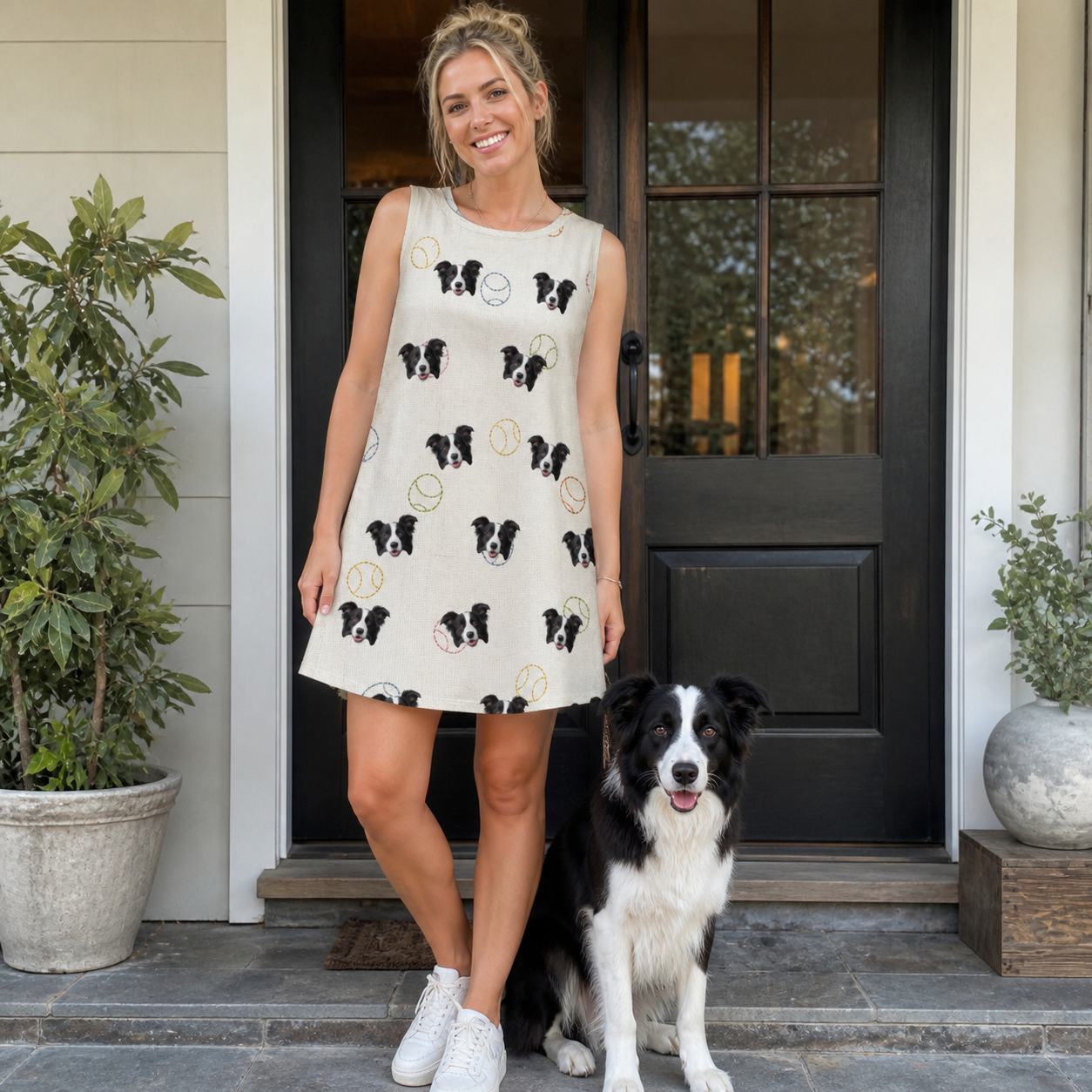 Full-length photo with the pet printed all over this Women's Rally Retrievers Custom Dog Face Tank Dress