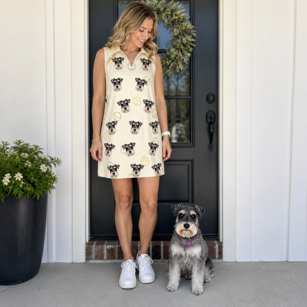 Full-length photo with the pet printed all over this Women's Rally Retrievers Custom Dog Face V-Neck Dress