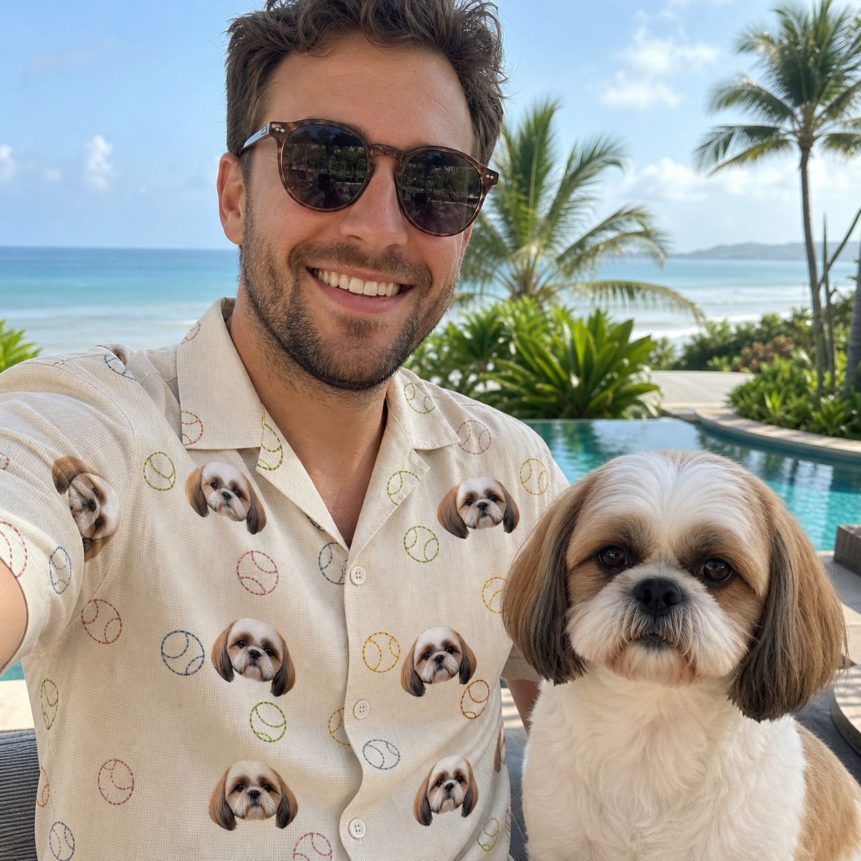 Selfie with the pet whose face is printed all over this Men's Rally Retrievers Custom Dog Face Hawaiian Shirt