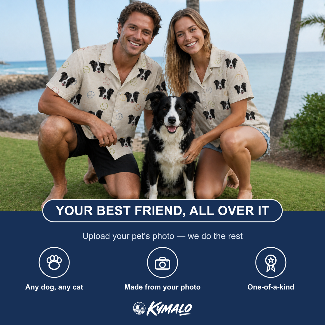 Friends in matching Men's Rally Retrievers Custom Dog Face Hawaiian Shirt — a group gift photo
