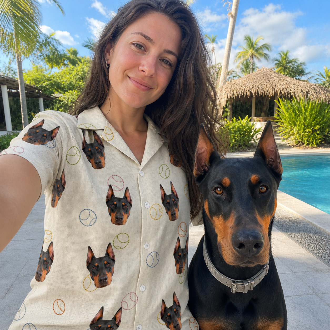 Selfie with the pet whose face is printed all over this Women's Rally Retrievers Custom Dog Face Hawaiian Shirt