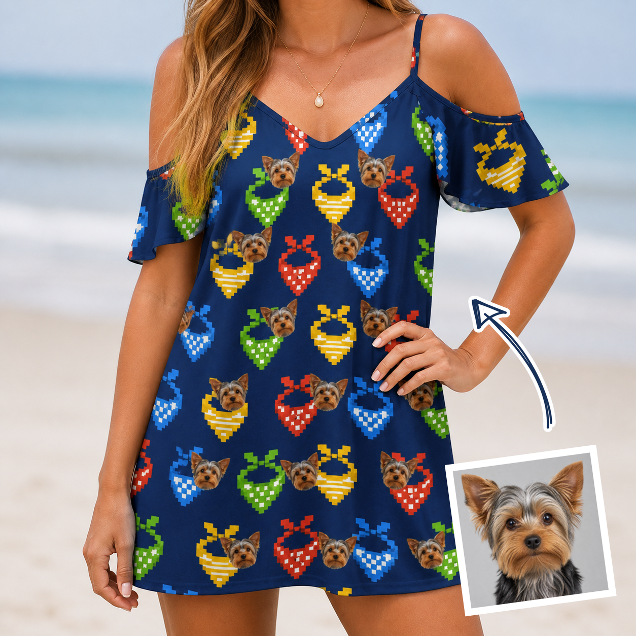 Woman wearing Women's Pawsome Paisley Custom Dog Face Off-Shoulder Dress — custom faces printed all-over