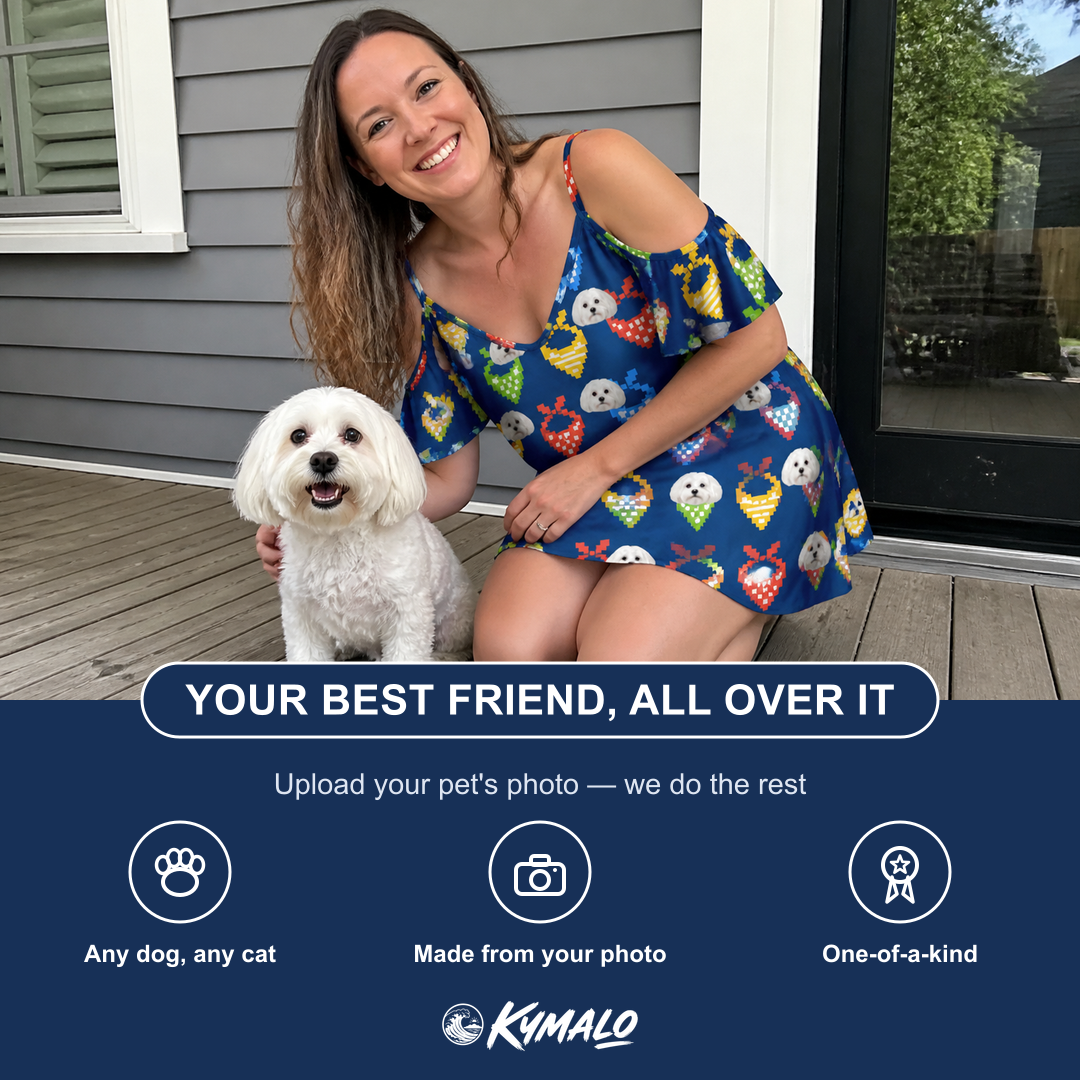 Friends in matching Women's Pawsome Paisley Custom Dog Face Off-Shoulder Dress — a group gift photo