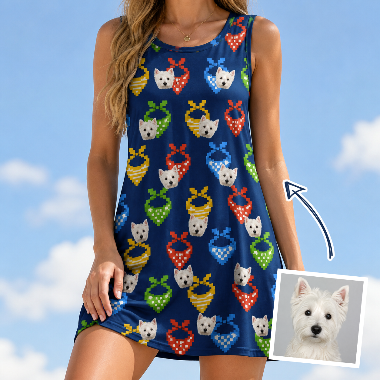 Woman wearing Women's Pawsome Paisley Custom Dog Face Tank Dress — custom faces printed all-over