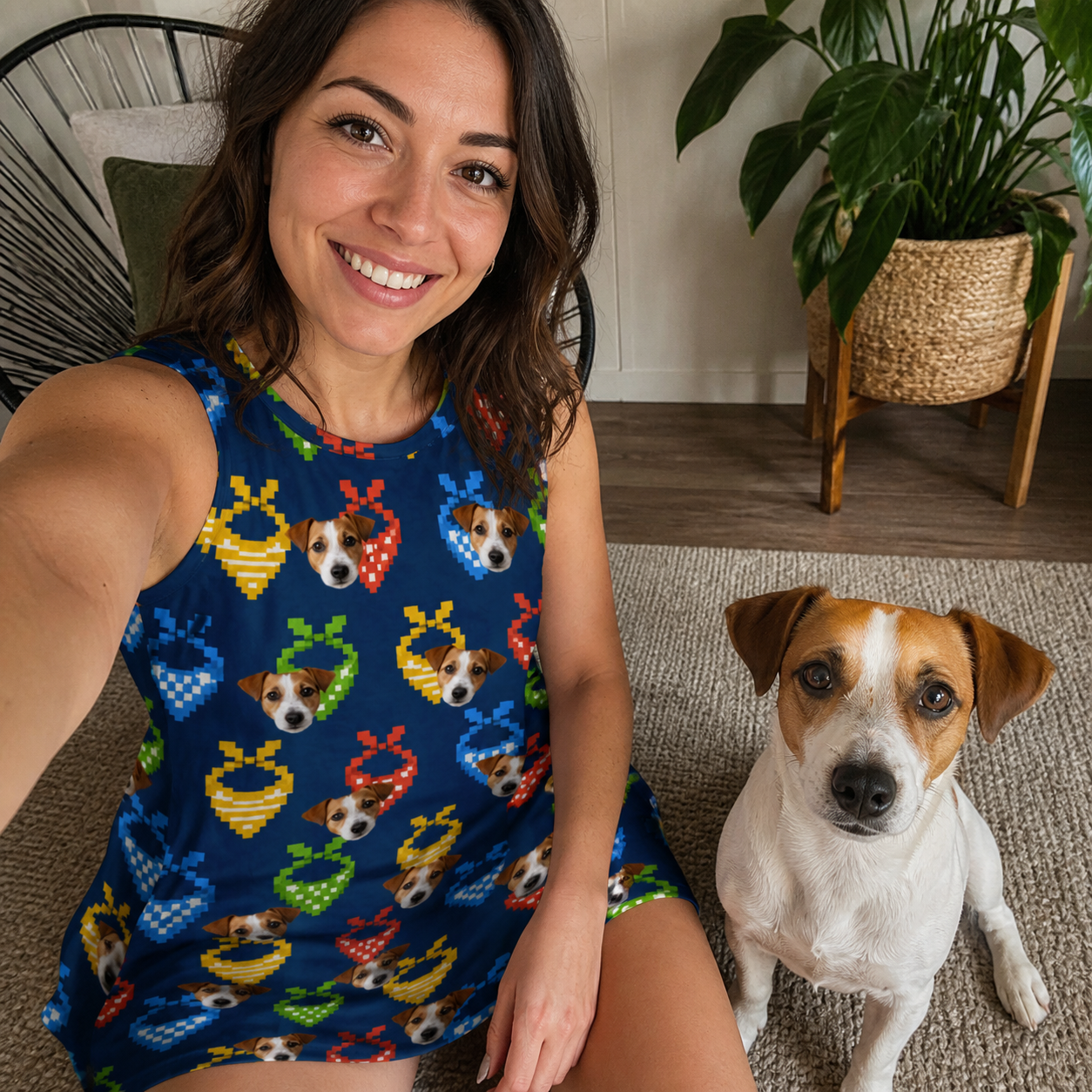Selfie with the pet whose face is printed all over this Women's Pawsome Paisley Custom Dog Face Tank Dress