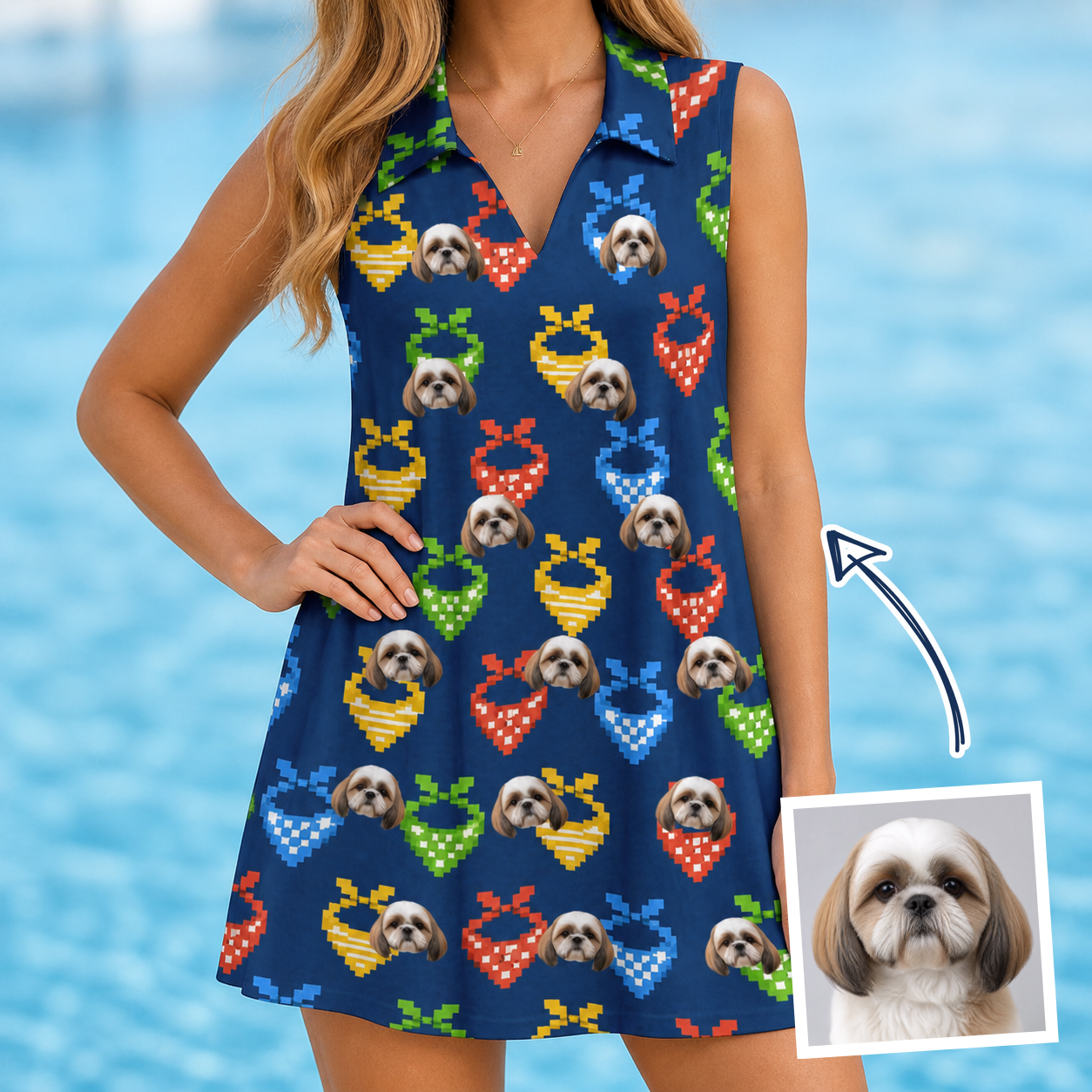 Woman wearing Women's Pawsome Paisley Custom Dog Face V-Neck Dress — custom faces printed all-over