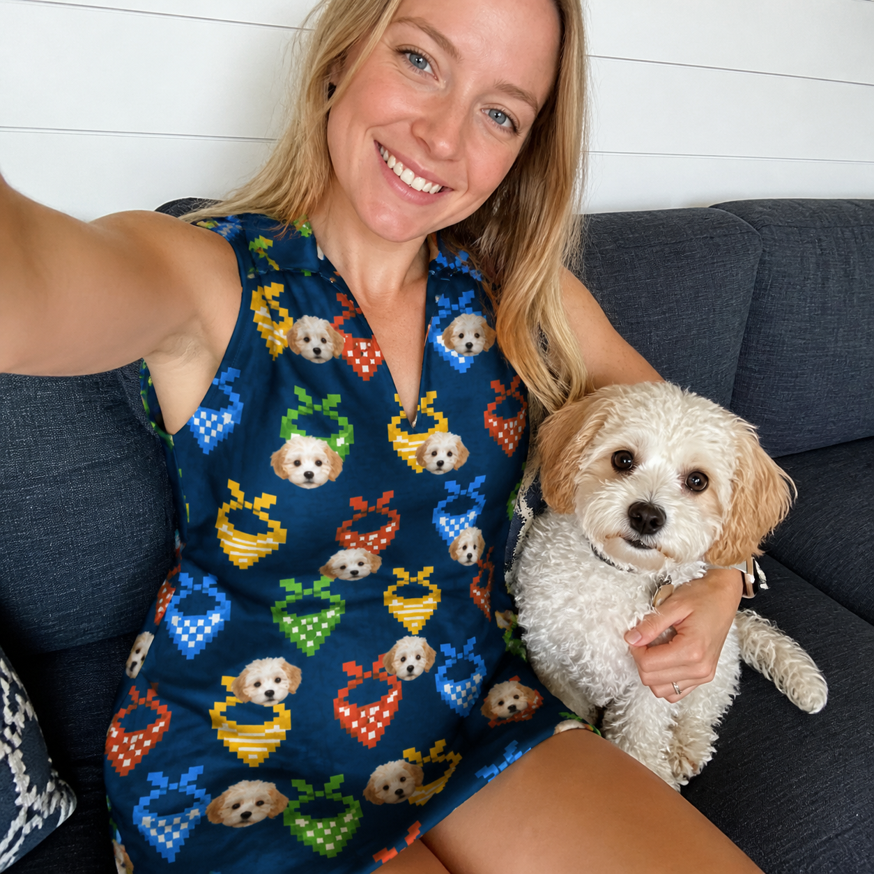 Selfie with the pet whose face is printed all over this Women's Pawsome Paisley Custom Dog Face V-Neck Dress
