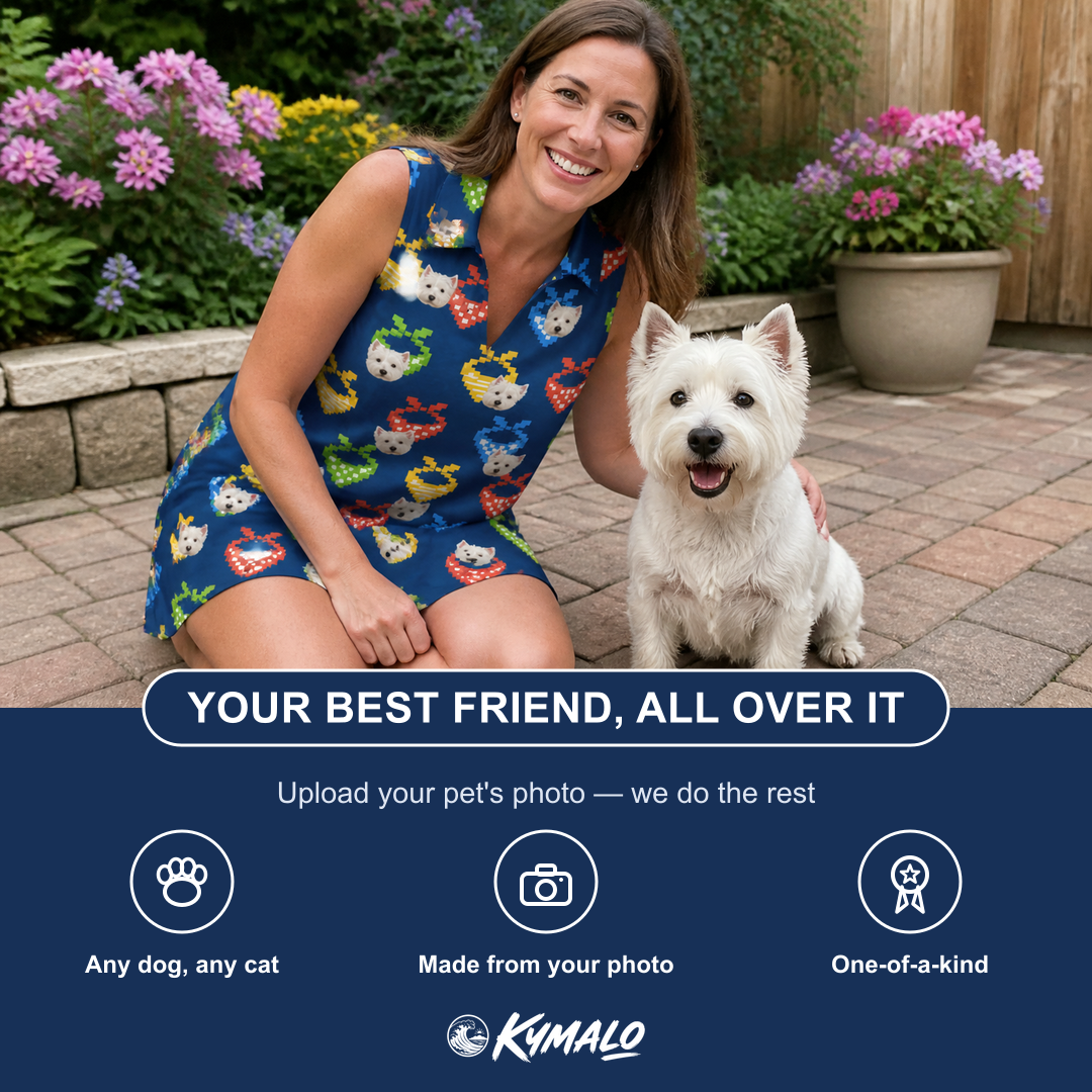 Friends in matching Women's Pawsome Paisley Custom Dog Face V-Neck Dress — a group gift photo