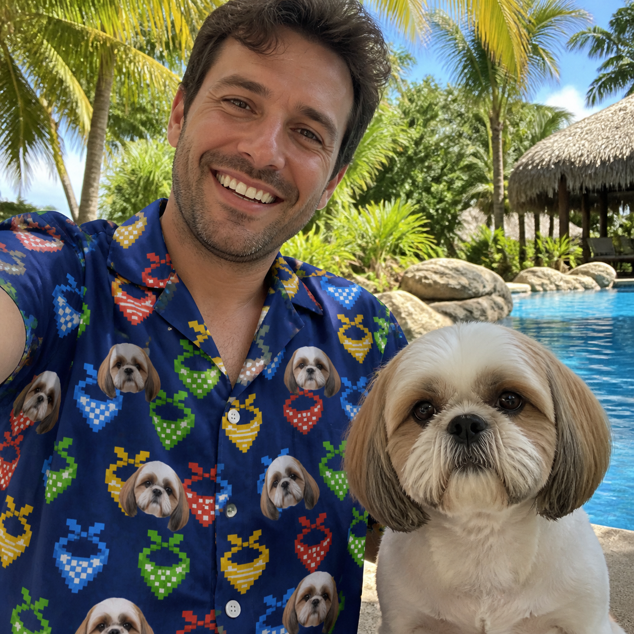 Selfie with the pet whose face is printed all over this Men's Pawsome Paisley Custom Dog Face Hawaiian Shirt