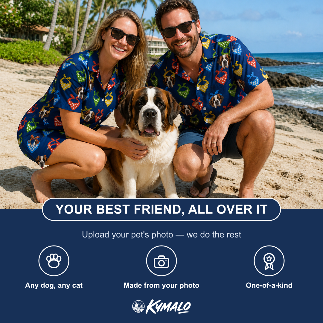 Friends in matching Men's Pawsome Paisley Custom Dog Face Hawaiian Shirt — a group gift photo
