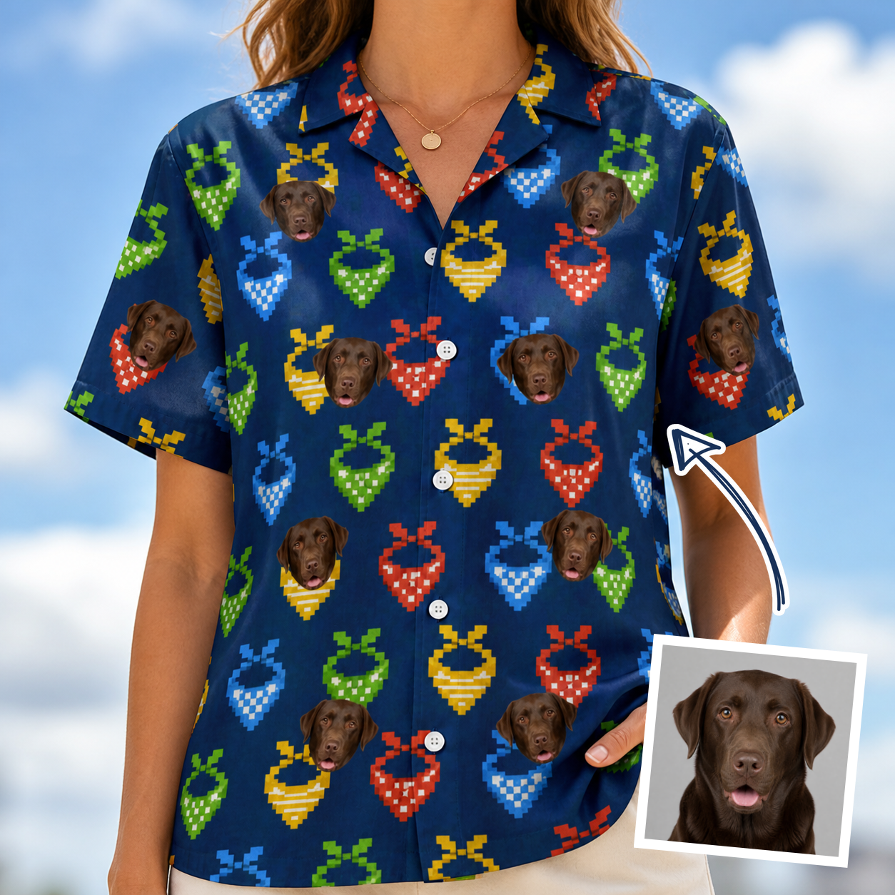 Woman wearing Women's Pawsome Paisley Custom Dog Face Hawaiian Shirt — custom faces printed all-over