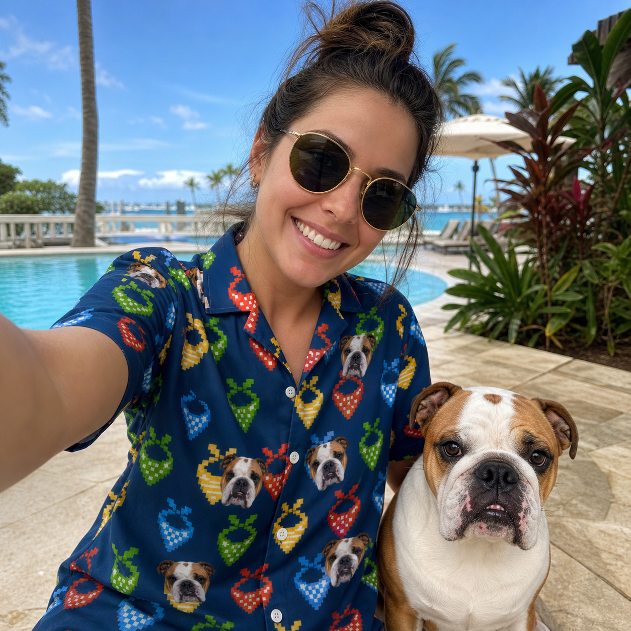 Selfie with the pet whose face is printed all over this Women's Pawsome Paisley Custom Dog Face Hawaiian Shirt