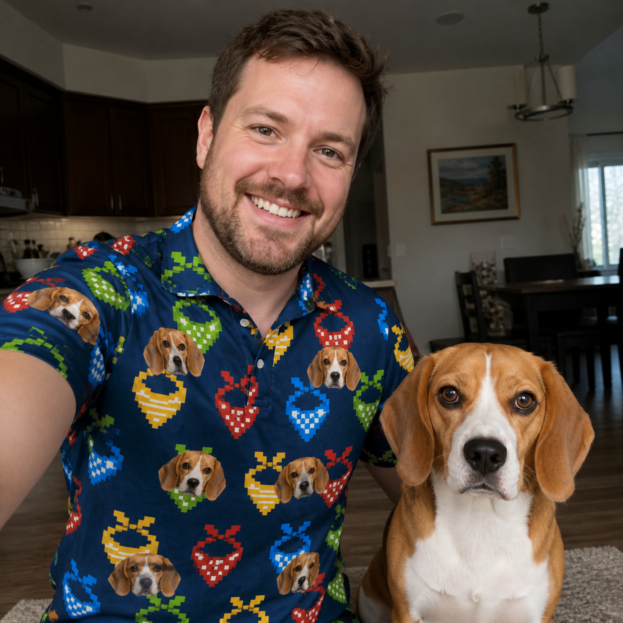 Selfie with the pet whose face is printed all over this Men's Pawsome Paisley Custom Dog Face Polo Shirt
