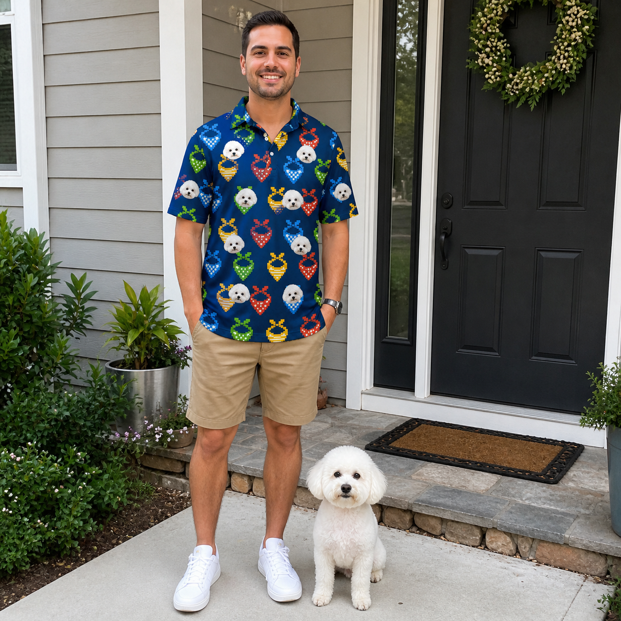 Full-length photo with the pet printed all over this Men's Pawsome Paisley Custom Dog Face Polo Shirt