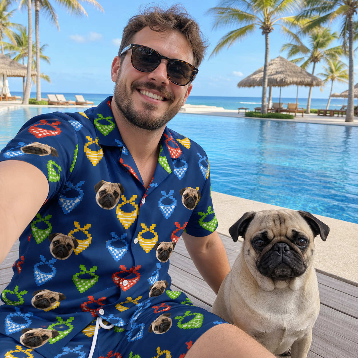 Selfie with the pet whose face is printed all over this Men's Pawsome Paisley Custom Dog Face Shirt & Shorts Set