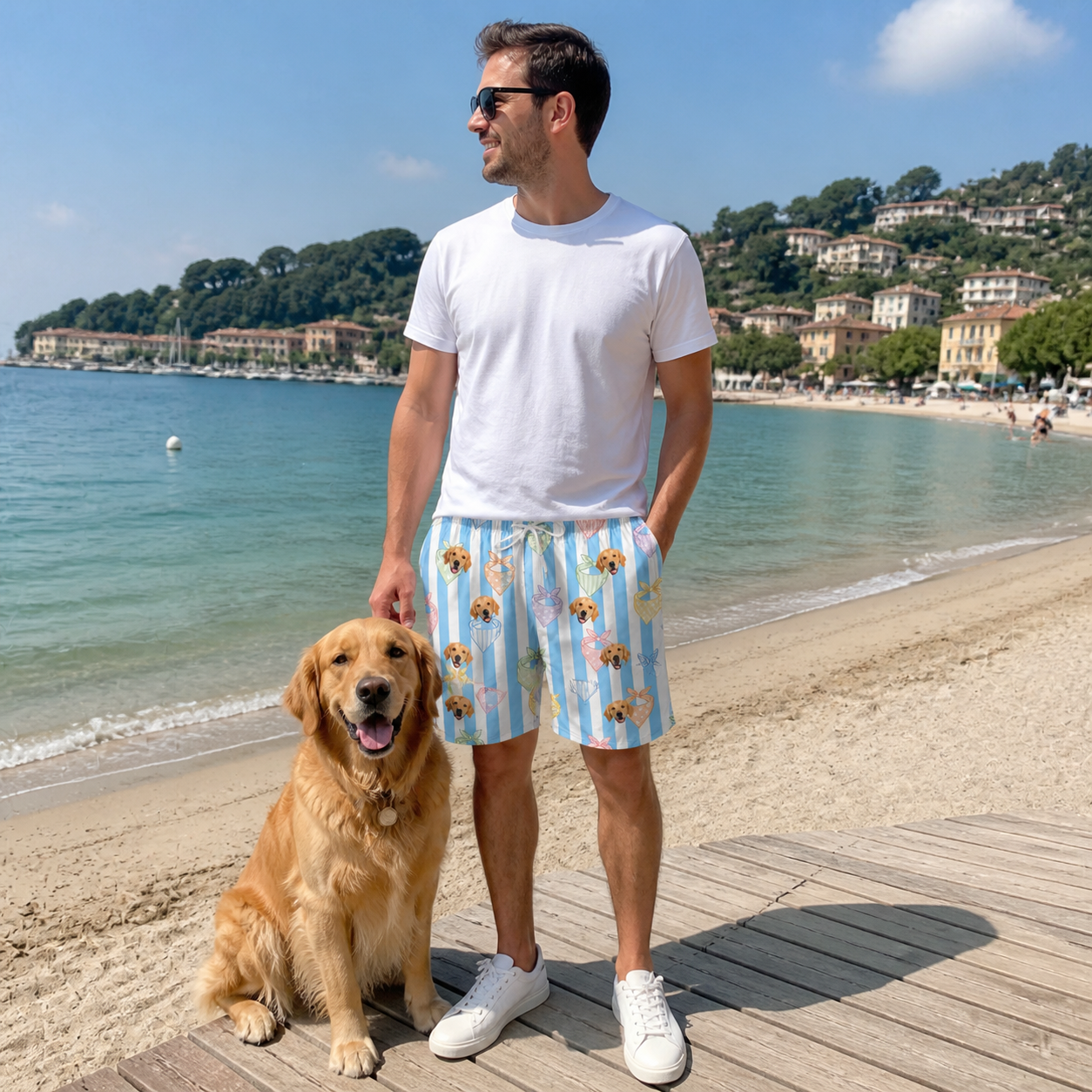 Full-length photo with the pet printed all over this Men's Paisley Pooches Custom Dog Face Beach Shorts