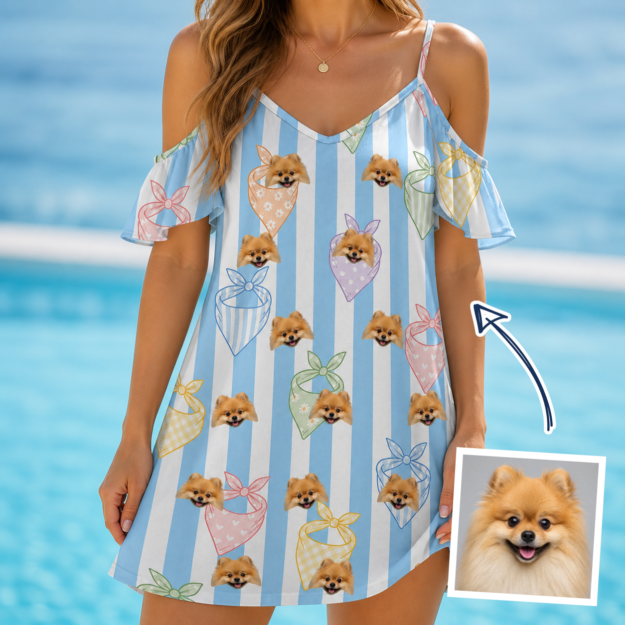 Woman wearing Women's Paisley Pooches Custom Dog Face Off-Shoulder Dress — custom faces printed all-over