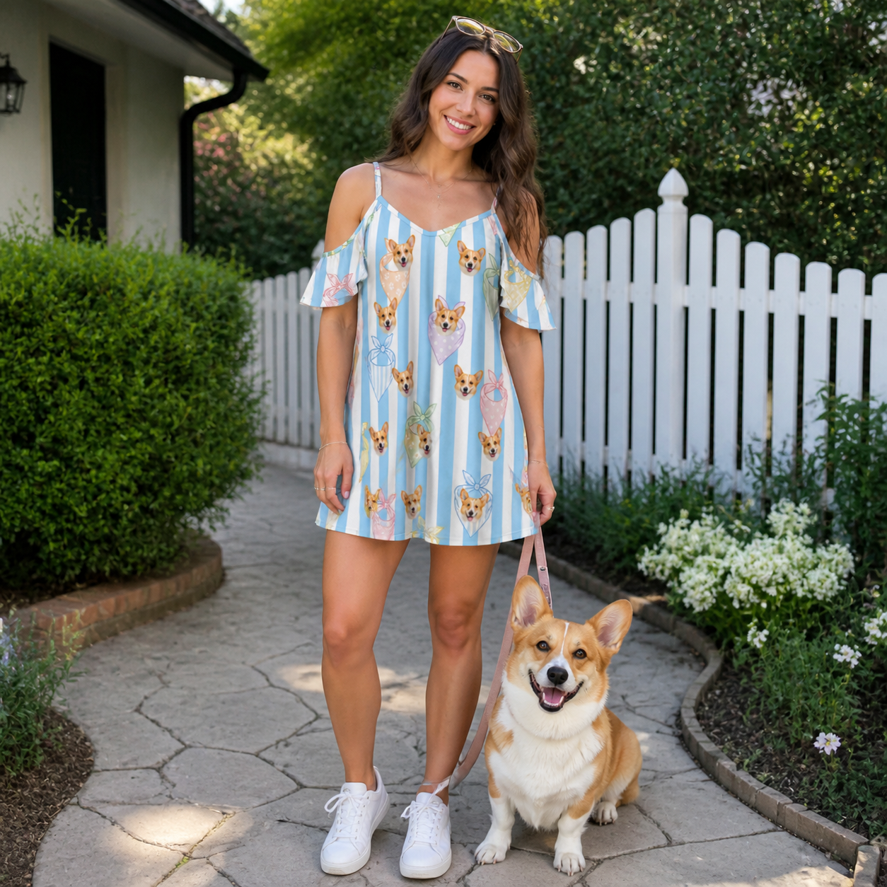 Full-length photo with the pet printed all over this Women's Paisley Pooches Custom Dog Face Off-Shoulder Dress